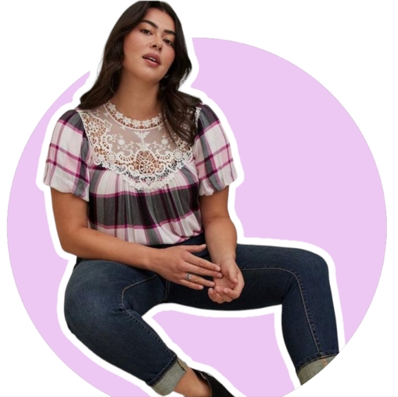 torrid Tops - Torrid Plaid Pink & Lavender Crinkle Top Plus Sz 2X